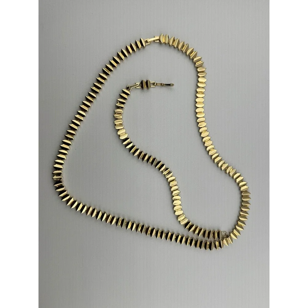 Vintage Gold Tone Geometric Ribbed Link‎ Necklace and Bracelet Jewelry Set